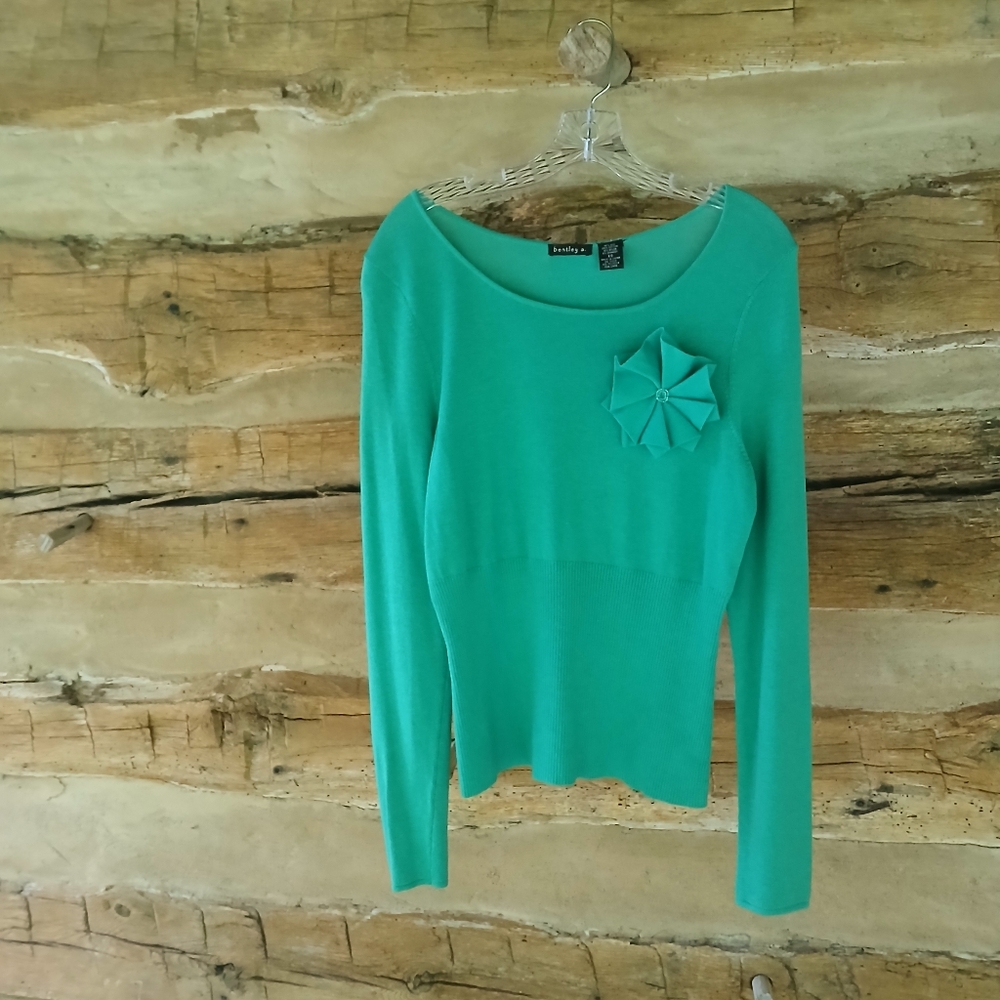 Bentley A. Green Scoop Neck Floral Applique Silk Blend Sweater Size XS